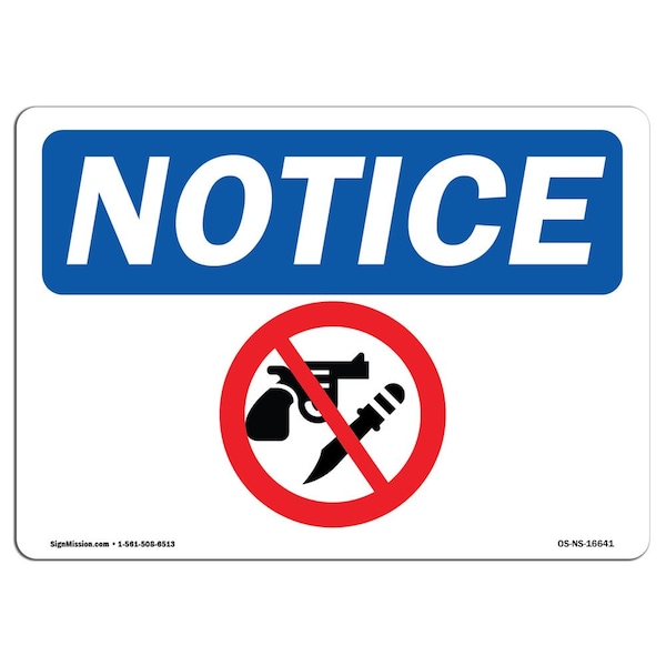 Safety Sign, OSHA Notice, 3.5" Height, 5" Width, No Weapons Sign, Landscape, 10PK